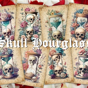 Skull Hourglass Digital ATC Cards - 8 Printable ACEO Watercolor Clipart Macabre Art Floral Sand Timer Junk Journal Tags, Gothic Ephemera Kit