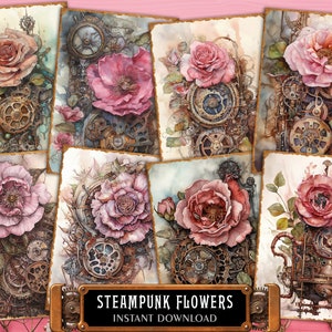 Cartões ATC digitais Steampunk Flowers - 8 imprimíveis 2,5" x 3,5" ACEO Floral Aquarela Vintage Rose Peony Junk Journal Tags, sucata, kit de coisas efêmeras