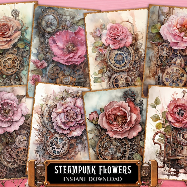 Steampunk Flowers Digital ATC Cards - 8 Printable 2.5"x3.5" ACEO Floral Watercolor Vintage Rose Peony Junk Journal Tags, Scrap, Ephemera Kit