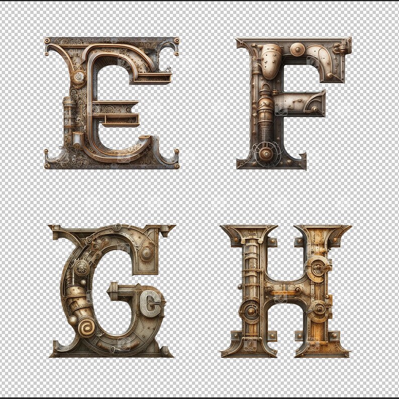 26 Steampunk Alphabet Rusty Metal Letters PNG Archivo digital en capa transparente limpia, arte industrial imprimible efímera fuente de uso comercial imagen 6