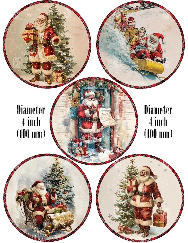 Santa Retro Rounds 10 Vintage Christmas Santa Round Images PNG and 2 Digital Printable ...