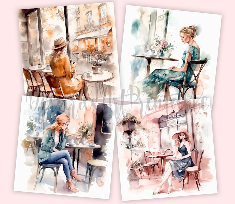 20 Cute Girl in a Cozy Cafe Watercolor Clipart, Spring Coffee Shop ...