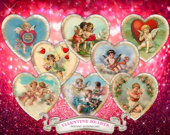 Digitaal afdrukbaar papier "Valentijnharten" - 8 ingelijste afbeeldingen met hoge resolutie van 3,15"х 3,15" in hartvorm voor journaling, decoupage, knutselen