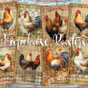Cartões ATC digitais para decoração de casa de fazenda de galos - 8 kits de diário de arte rústica para impressão, etiquetas para animais de fazenda francesa, itens efêmeros de decoupage