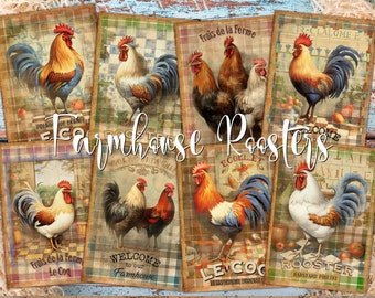 Roosters Farmhouse Decor Digital ATC Cards - 8 Printable Rustic Art Junk Journal Kit, French Country Farm Animal Tags, Decoupage Ephemera