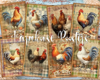 Roosters Farmhouse Decor Digital ATC Cards - 8 Printable Rustic Art Junk Journal Kit, French Country Farm Animal Tags, Decoupage Ephemera