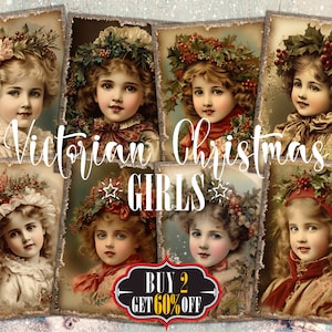 Viktorianische Weihnachtsmädchen Digitale ATC Karten - 8 druckbare ACEO Junk Journal Tags Kit, junge Damen Retro Foto Porträt, 1900er Jahre Ephemera Pack