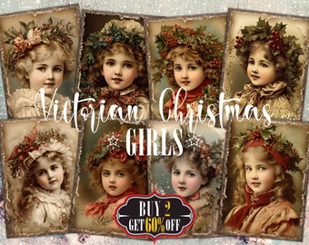 Victorian Christmas Girls Digital ATC Cards - 8 Printable ACEO Junk Journal Tags Kit, Young Ladies Retro Photo Portrait, 1900s Ephemera Pack