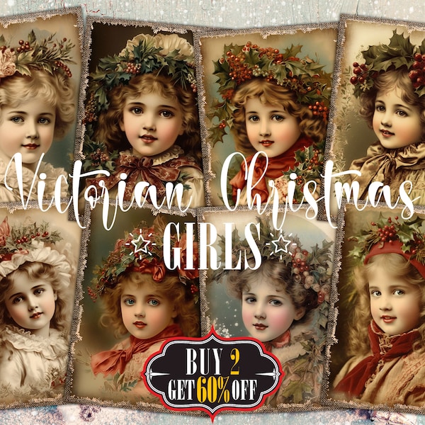 Cartes ATC numériques pour filles de Noël victoriennes - Kit de 8 étiquettes imprimables ACEO Junk Journal, portrait photo rétro de jeunes dames, pack éphémère des années 1900