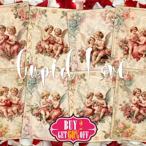 Cartes d'amour numériques ATC Cupidon - 8 kits de journaux de la Saint-Valentin pour enfants imprimables, étiquettes d'images mignonnes de petit ange, pack d'éphémères rétro d'art romantique
