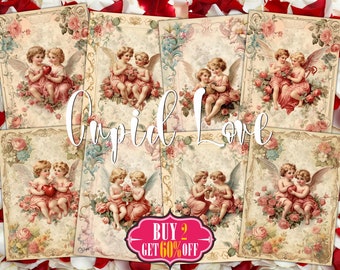 Digitale ATC Cupido Love Cards - 8 afdrukbare Valentines Junk Journal Kit voor kinderen, afbeeldingen van schattige kleine engeltjes Tags, romantische kunst retro ephemera pack