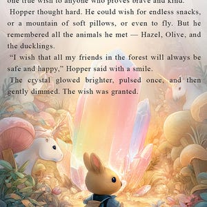 Peut inclure: Un petit lapin avec un sac &agrave; dos bleu se tient devant un grand cristal brillant. Le cristal est entour&eacute; de fleurs color&eacute;es et de champignons. Le lapin regarde le cristal avec une expression d'espoir. Le texte "The Wish Crystal" est &eacute;crit en haut de l'image.
