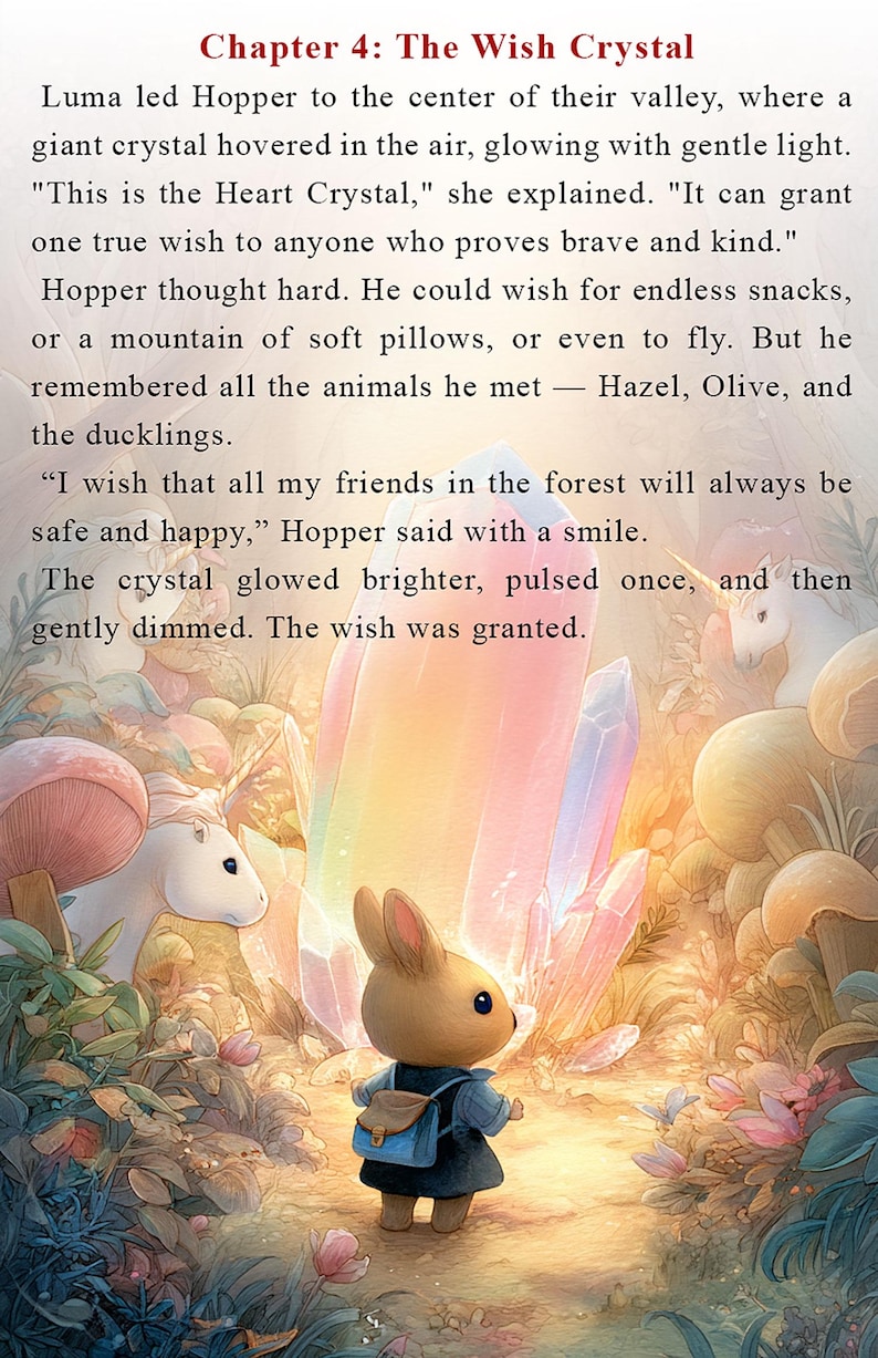 Peut inclure: Un petit lapin avec un sac &agrave; dos bleu se tient devant un grand cristal brillant. Le cristal est entour&eacute; de fleurs color&eacute;es et de champignons. Le lapin regarde le cristal avec une expression d'espoir. Le texte "The Wish Crystal" est &eacute;crit en haut de l'image.
