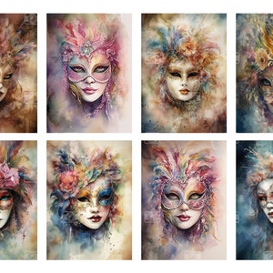 Carnival Mask Digital ATC Cards 8 Printable Watercolor Shabby Chic Masquerade Venetian Mardi Gras Art, Junk Journal Tags, Decoupage Papers image 2