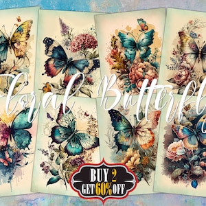 Cartes ATC numériques papillon floral - 8 étiquettes de journal indésirable imprimables aquarelle ACEO collage vintage art botanique, scrapbooking, kit éphémères