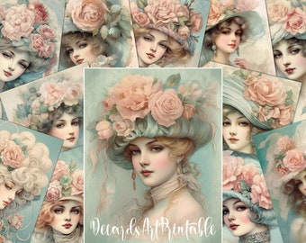 20 Victorian Lady Portraits Shabby Chic Style Digital Paper Pack, Vintage Old Fashioned Girls Printable Images, Junk Journal Ephemera Kit
