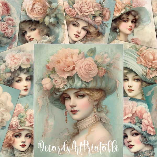 20 Victorian Lady Portraits Shabby Chic Style Digital Paper Pack, Vintage Old Fashioned Girls Printable Images, Junk Journal Ephemera Kit