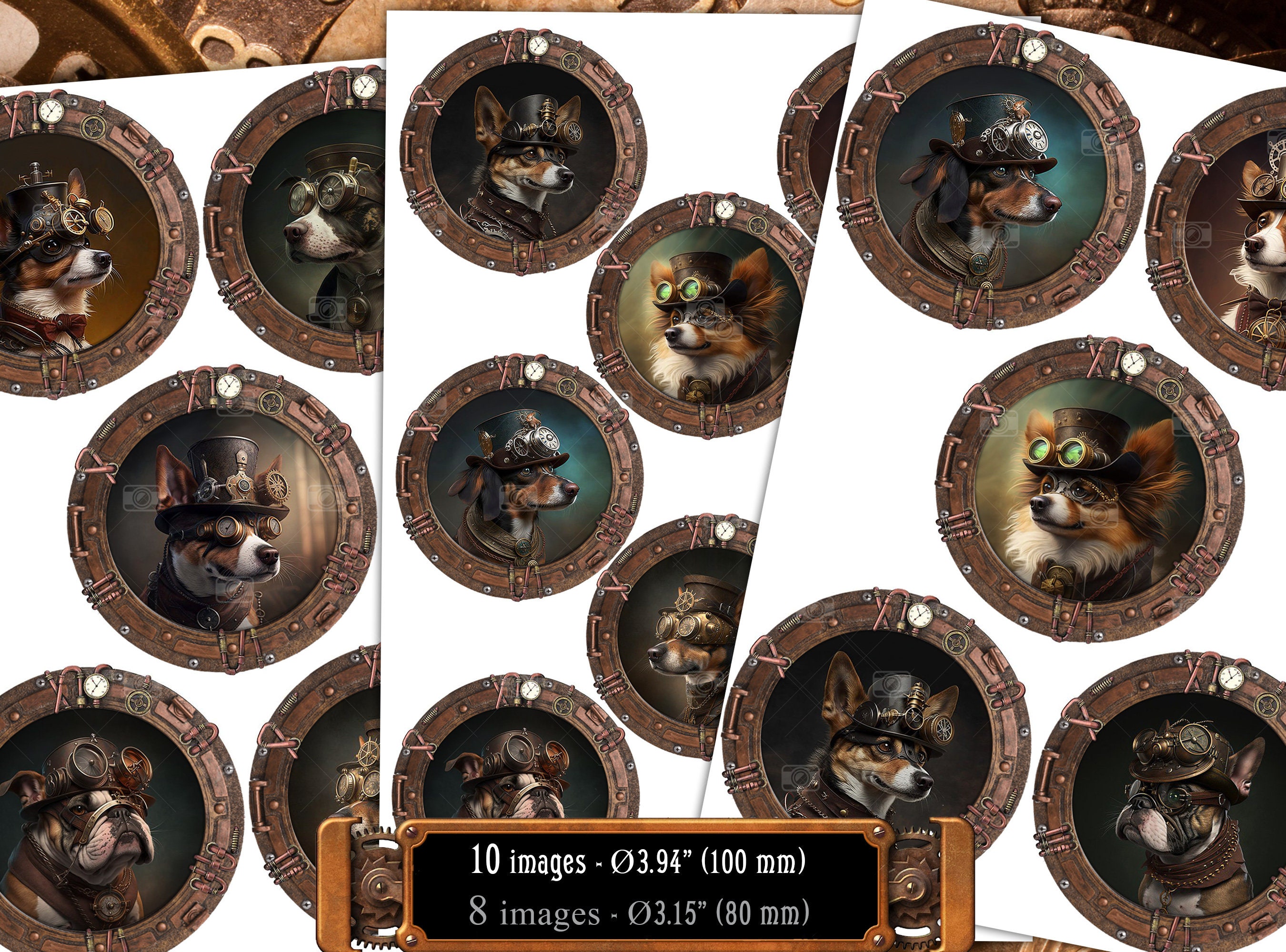 18 Digital Steampunk Dog Portrait Round Frame Pet Painting 18 Digital Steampunk Dog Portrait Round Frame Pet Painting