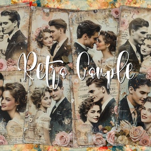 Retro Paar Porträt Digitale ATC Liebeskarten - 8 druckbare 1950er Jahre romantische Mixed Media Art Tags Junk Journal Kit, Vintage Decoupage Papier Idee