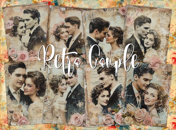 Retro Couple Portrait Digital ATC Love Cards - 8 Printable 1950s Romatic Mixed Media Art Tags Junk Journal Kit, Vintage Decoupage Paper Idea