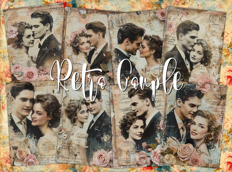 Op de afbeelding: Een collage van vintage-achtige afbeeldingen met stellen in verschillende poses. De afbeeldingen zijn geplaatst tegen een achtergrond van bloemmotieven en texturen. De tekst "Retro Couple" is over de afbeeldingen gelegd.