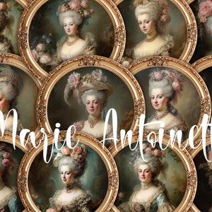 20 Maria Antonieta para impressão digital em círculo de 4 "(100 mm), 3,15" (80 mm) Retratos de mulheres antigas, arte francesa vintage, estilo rococó, imagens emolduradas