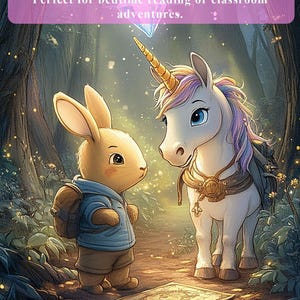 Peut inclure: Un lapin brun portant une veste bleue et un sac &agrave; dos se tient &agrave; c&ocirc;t&eacute; d'une licorne blanche avec une crini&egrave;re violette et une corne dor&eacute;e. La licorne porte un harnais en cuir brun avec une boucle dor&eacute;e. Ils se tiennent sur un chemin dans une for&ecirc;t avec une carte au sol qui dit "Rabbit Hopper and the Land of Unicorns".