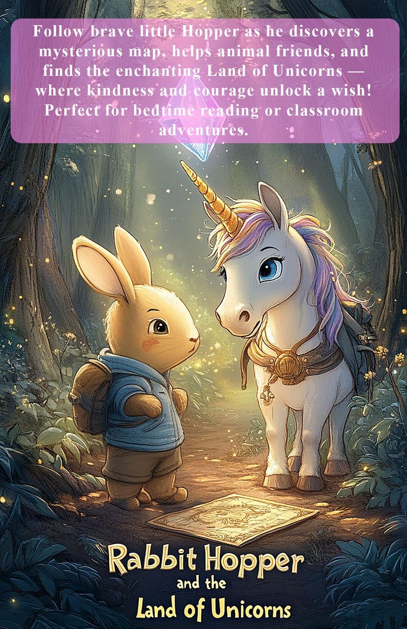 Peut inclure: Un lapin brun portant une veste bleue et un sac &agrave; dos se tient &agrave; c&ocirc;t&eacute; d'une licorne blanche avec une crini&egrave;re violette et une corne dor&eacute;e. La licorne porte un harnais en cuir brun avec une boucle dor&eacute;e. Ils se tiennent sur un chemin dans une for&ecirc;t avec une carte au sol qui dit "Rabbit Hopper and the Land of Unicorns".