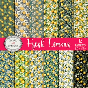 Pack de 12 papiers numériques citron, fond aquarelle motif agrumes, ensemble de papiers de découpage d'art botanique, couverture de planificateur, kit de pages de scrapbooking