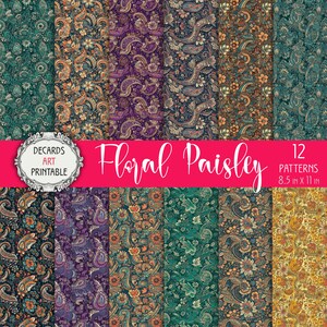 May include: Twelve printable digital paper patterns featuring a floral paisley design in various colors, including teal, purple, orange, and yellow. The papers are 8.5 inches by 11 inches.