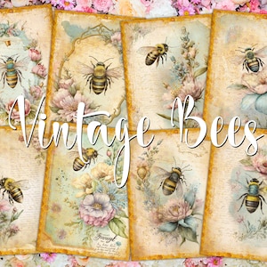 Cartes ATC numériques vintage abeilles - 8 kits imprimables de journal indésirable pour collage d'art botanique ACEO, miel printanier, fleurs sauvages, insectes, étiquettes