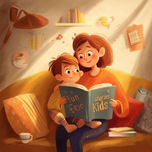 Peut inclure: Une m&egrave;re et son enfant sont assis sur un canap&eacute; jaune en train de lire un livre bleu intitul&eacute; "Fun for Kids stories". L'enfant est assis sur les genoux de sa m&egrave;re et ils sourient tous les deux.