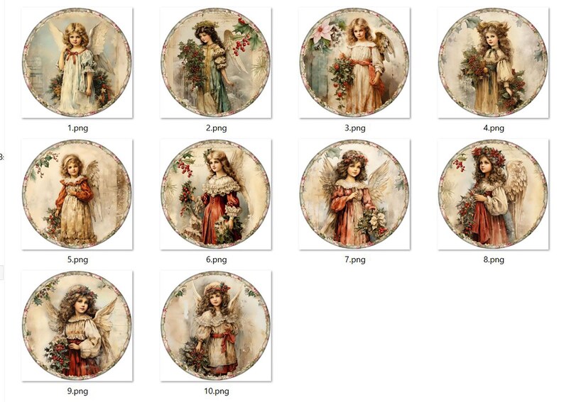 10 Victorian Christmas Angels Round Images PNG and 2 Digital Printable ...