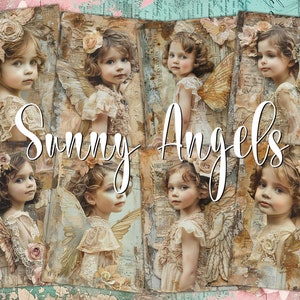 Tarjetas digitales ATC de Sunny Angels: 8 kits de collage de querubines y arte en técnica mixta para imprimir, etiquetas ideales para bodas, ideas de papeles para decoupage