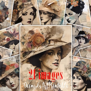 Jaren 1920 Fashion Vintage Ladies Digital Junk Journal Pages Kit, Retro Magazine Collage Woman Portrait, Mixed Media Art Printable Ephemera Pack
