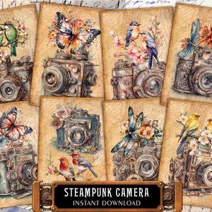 Cartões digitais ATC para câmera Steampunk - 8 papéis para decoupage de aquarela de arte industrial de mídia mista ACEO para impressão, etiquetas de diário