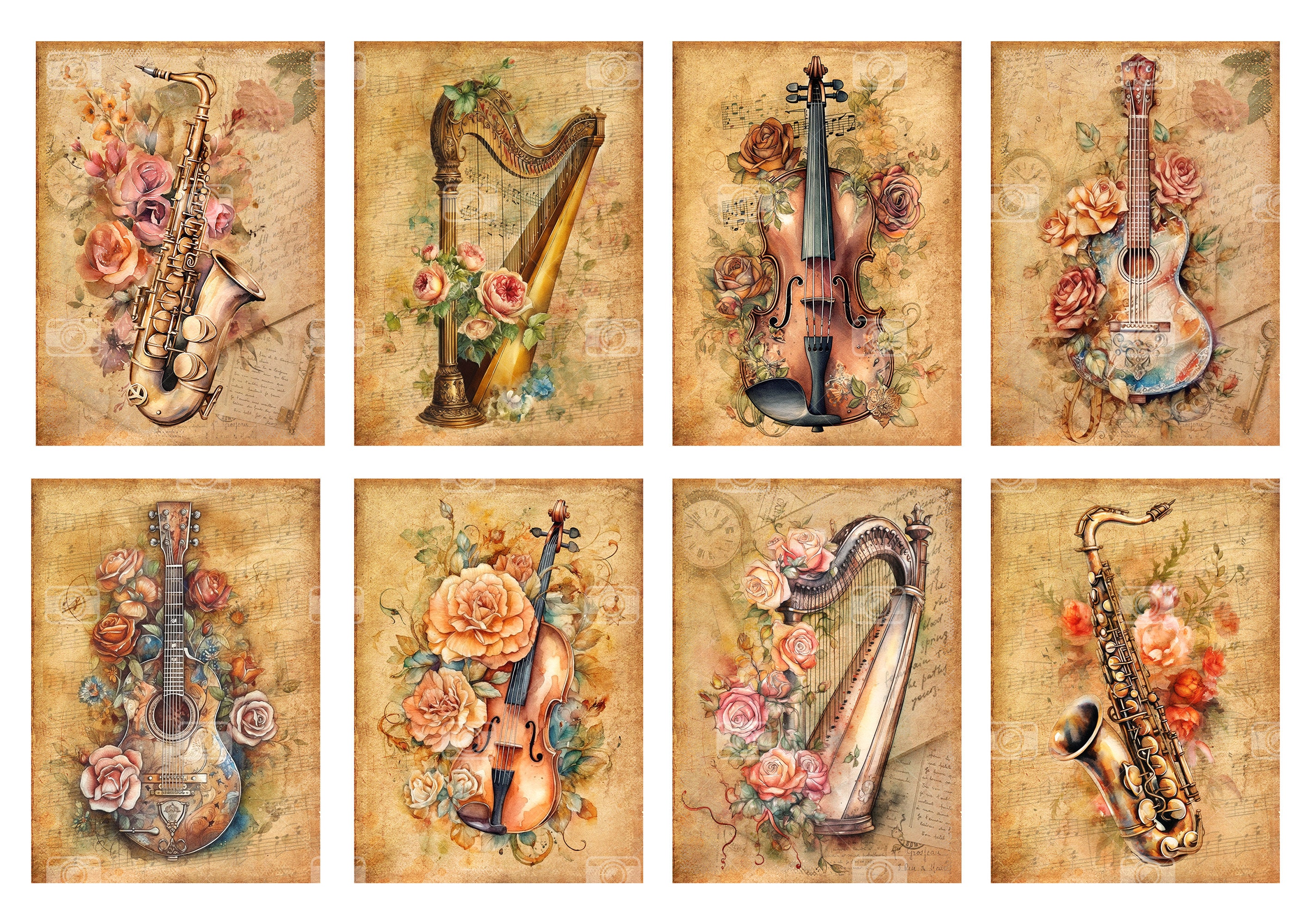 Floral Musical Instruments Digital ATC Cards - 8 Printable Music Art ...