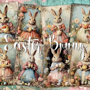 Osterhase Digitale ATC Karten - 8 druckbare viktorianische Kunst Junk Journal Kit, altmodische Kaninchenmalerei-Tags, Retro-Decoupage-Papiere Idee