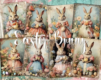 Könnte beinhalten: Collage aus neun Vintage-Illustrationen mit Osterhasen, die farbenfrohe Kleider tragen und Ostereier halten. Die Hasen sind von Blumen und Grün umgeben.