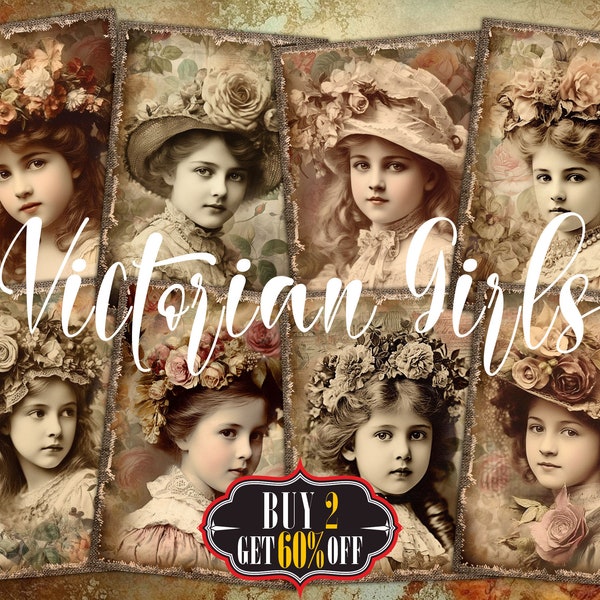 Victorian Girls Digital ATC Cards - 8 Printable Cute Young Lady Vintage Portrait Photos, Junk Journal Tags, Romantic Era Retro Ephemera Pack