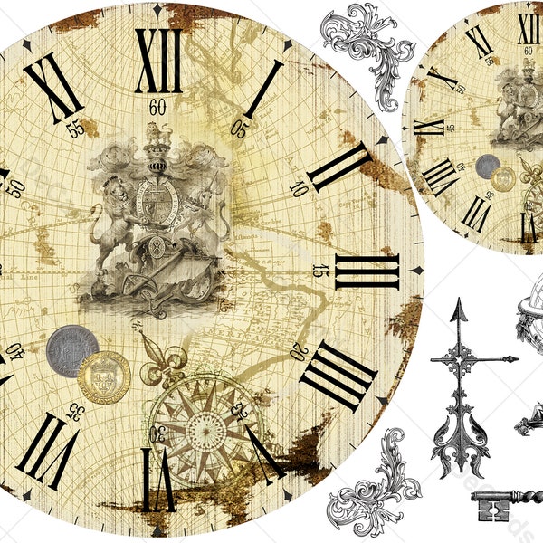 Printable Clock Face Template Large ø7.87" (200mm) "Antique Clock" for Watch Dials Decoupaging, DIY Projeсts, Home Decor, Gifts Making