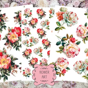 Conjunto de 3 folhas de arte floral para impressão em papel digital A4 - 42 fotos de alta resolução de vários tamanhos para decupagem, scrapbooking, artesanato, DIY