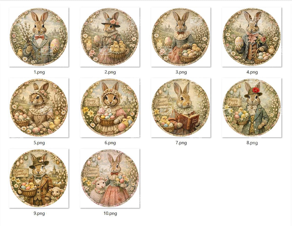 Easter Rabbit Round 10 Easter Bunny Vintage Rabbit Round Images PNG & 2 Digital Printable ...