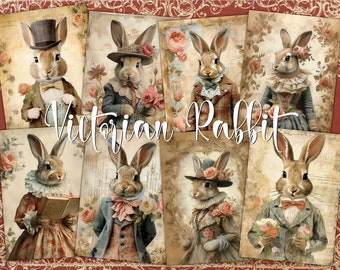 Vintage Rabbit Digital ATC Cards - 8 Printable Easter Bunny Victorian Art Junk Journal Tags Kit, Old Fashioned Animal Portrait Ephemera Pack