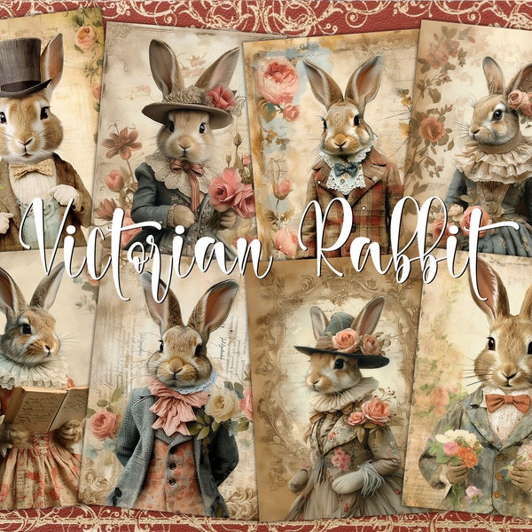 Cartes ATC numériques vintage lapin - Kit de 8 étiquettes imprimables pour journal indésirable de l'art victorien lapin de Pâques, lot d'éphémères portrait animal à l'ancienne