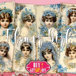Cartes ATC numériques Forget Me Not Flower Girl - Kit de 8 étiquettes imprimables pour journaux indésirables d'art victorien, jolies jeunes filles Portarit DIY Ephemera Pack