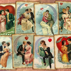 Tarjetas coleccionables de artistas digitales Retro Valentine - Juego de 8 imágenes de arte original de Atc ACEO de 2,5"x3,5". Listo para imprimir PNG, JPG, Pdf Hoja A4 de 300 ppp