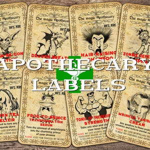 May include: Eight vintage-style apothecary labels with illustrations and text. The labels are printed on a parchment-like background with a distressed look. The labels feature whimsical illustrations of a goblin, dragon, man with hair standing on end, zombie, unicorn, frog, muscular man, and an older man. The text on the labels includes the name of the product, a description, and warnings.