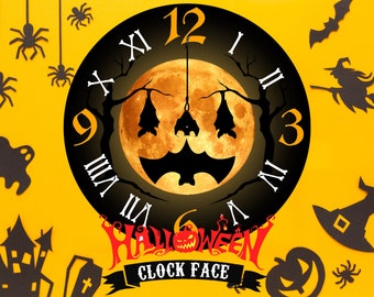 5 cara de reloj de luna de Halloween - Ø15", 12", 10", 8", 4" esferas de reloj redondas de murciélago de calabaza imprimibles digitales para decoración de pared de apartamento, kit de fabricación de reloj