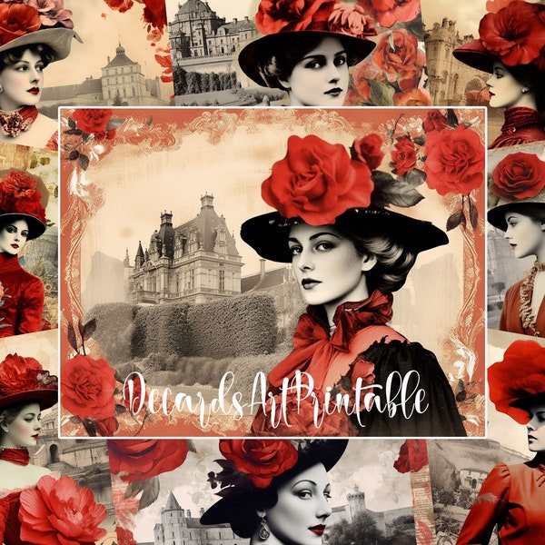 20 Vintage Fashion Woman 1920s Baroque Art Deco Digital Paper Pack, Retro Victorian Lady in Hat with Red Flowers Journal Collage Sheets Kit